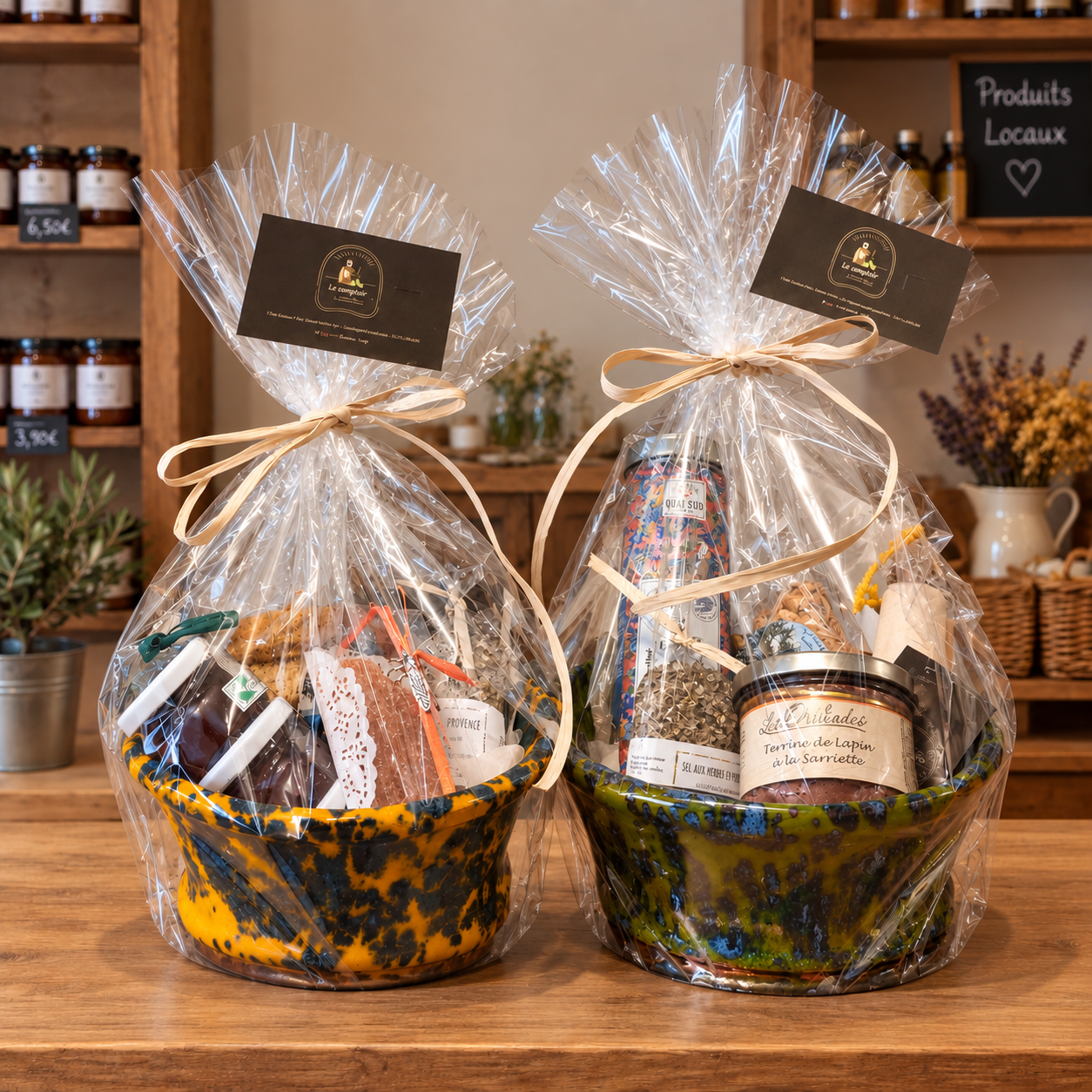 Paniers gourmands personnalisés avec produits locaux et objets déco à Aups